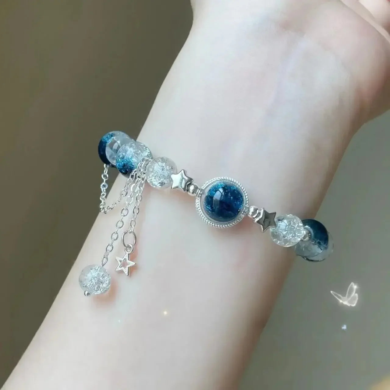 Niche Design Star Chain Tassel Bracelet for Women Fantasy Blue Crystal Beads Elastic Rope Bracelet