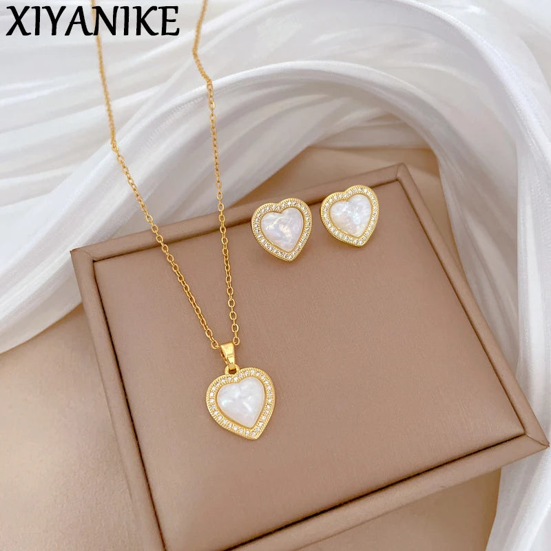 Stainless Steel Necklace Earring Set Heart-Shaped Pearl Zircon Women Temperament Clavicle Chain Ear Studs