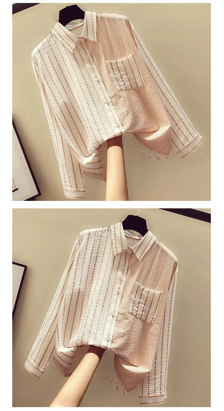 Korean Summer Trendy Women's Shirt Loose Casual Striped Patchwork Shirts Pocket Office Lady Sweet Women's Top