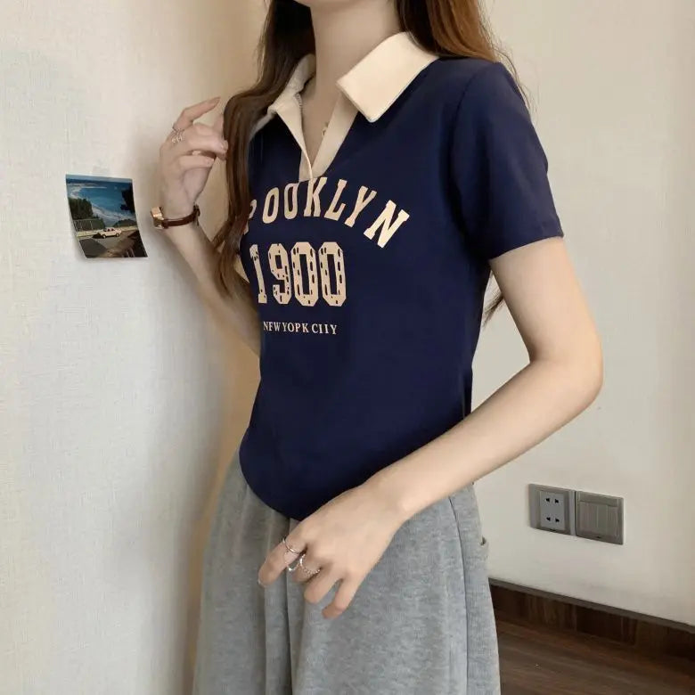 Women Summer Korean Fashion Letter Printing Slim Polo Collar Short Sleeve T-Shirt Simplicity Office Lady All-match Casual Tops