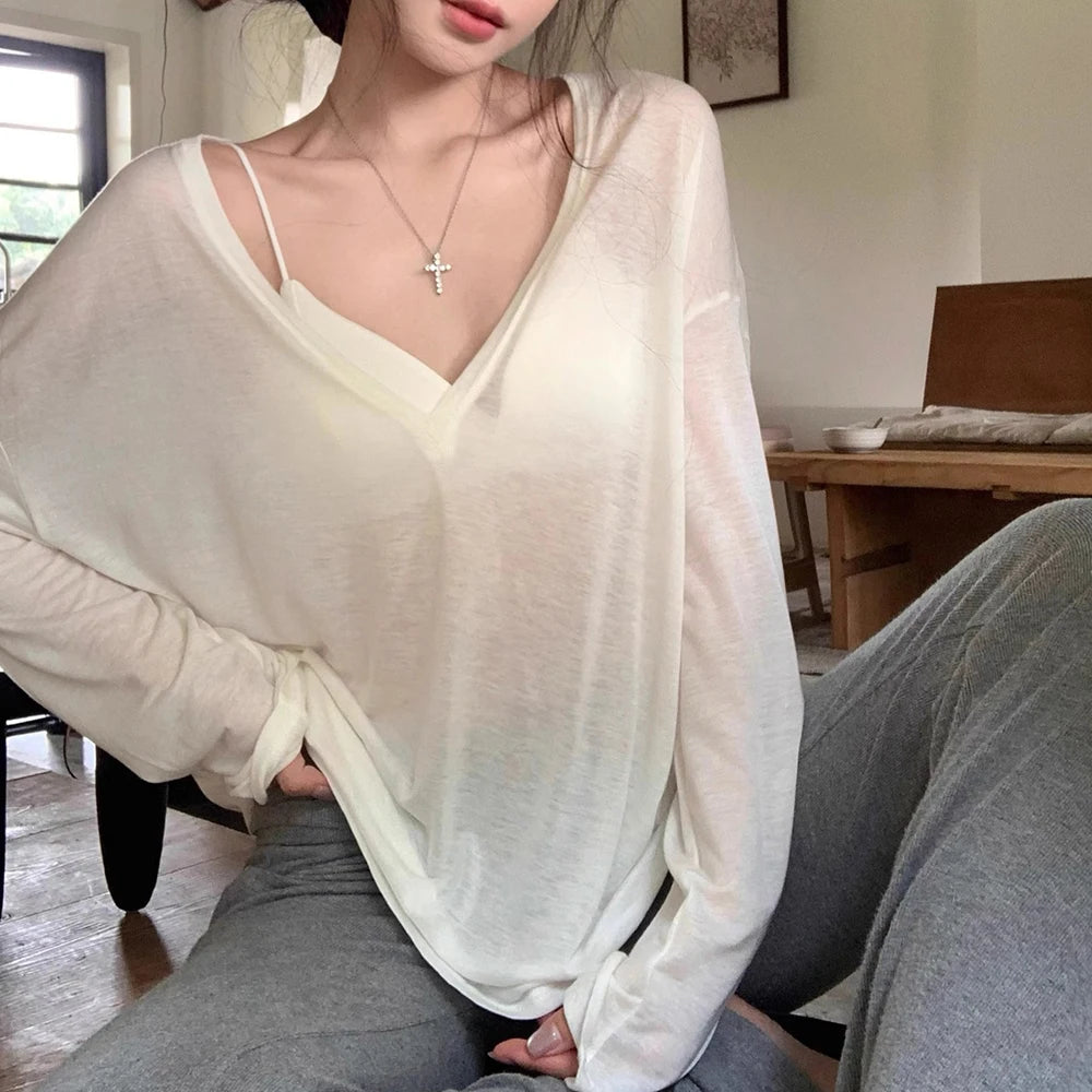 Women's V-Neck Long Sleeve T-Shirt Thin Perspective Summer Loose Fit Casual Top Korean Base Sun Protection Cover Up Top