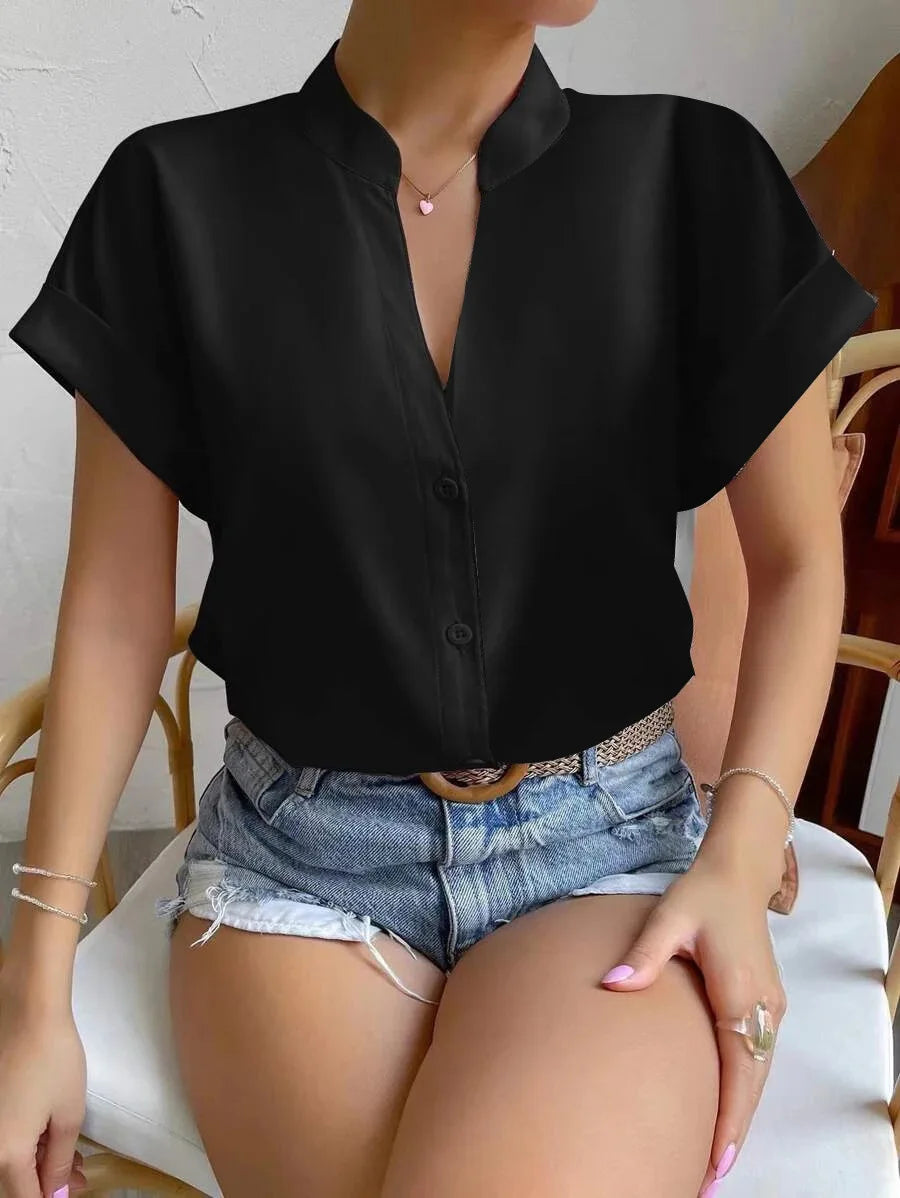 Women Solid Folds PU Leather Button Turn Down Collar Bodycon Working Blouse