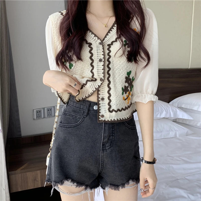 Flower Embroidery Crochet Blouse with Chiffon Sleeve Button Front Cardigan Top Women Spring Summer blouse