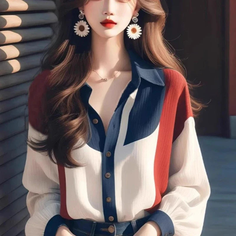 Korean Chiffon Vintage Women's Patchwork Loose Long Sleeves Fashion Top