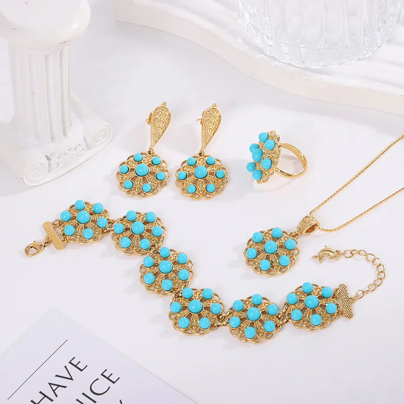 Stainless Steel Vintage luxury pearl flower Pendant Necklace Earrings Bracelet ring Jewelry Set