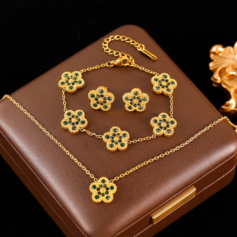 Pink Zircon Reversible Clover Necklace Bracelet Earrings Set For Women Trendy Stainless Steel Waterproof Jewelry