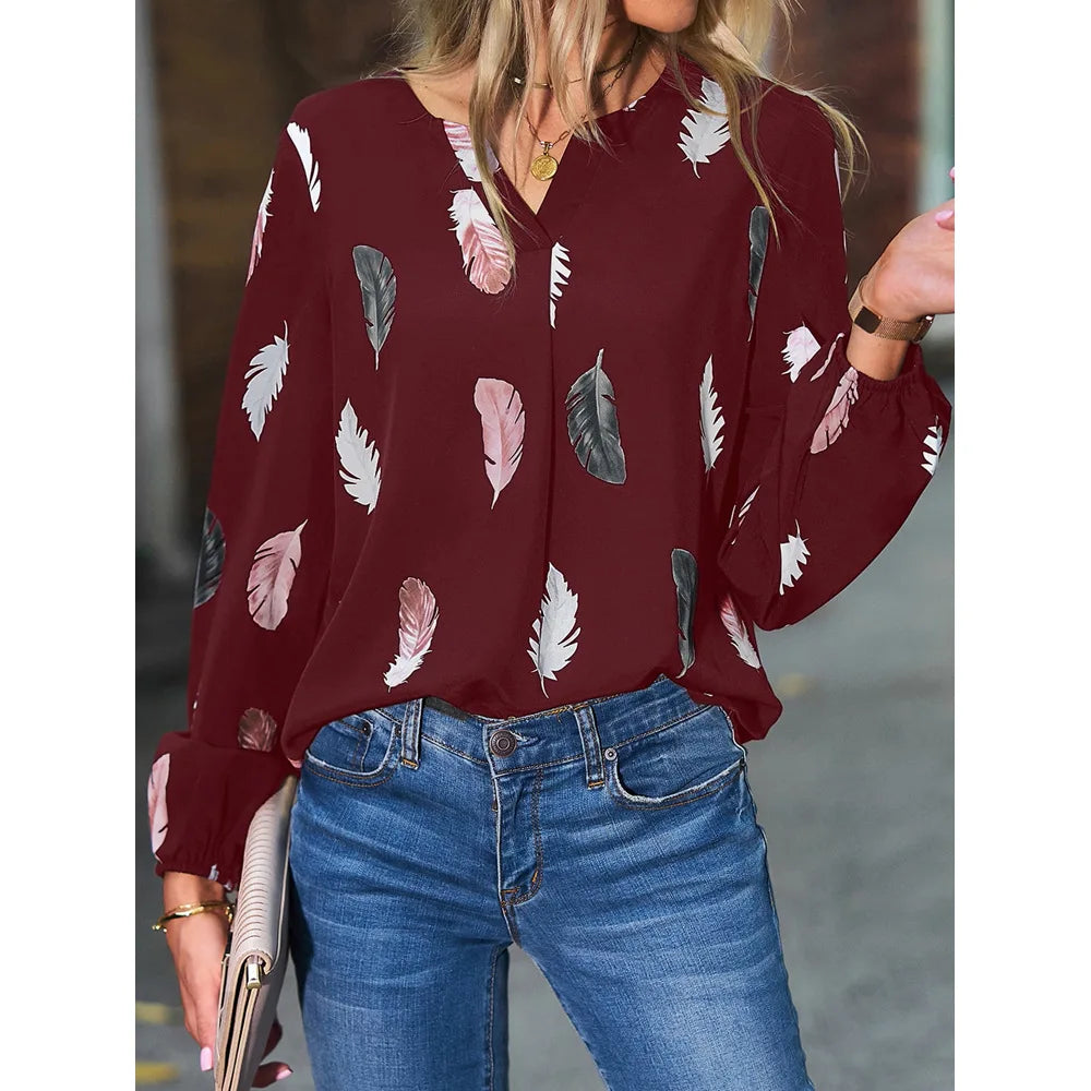 Fashion Woman long Sleeve Feather Pattern, Ladies Elegant Chiffon Tops