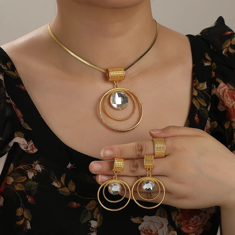 Stainless steel large round pendant Necklace Earrings Ring Jewelry Set for women