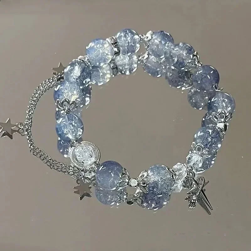 Niche Design Star Chain Tassel Bracelet for Women Fantasy Blue Crystal Beads Elastic Rope Bracelet