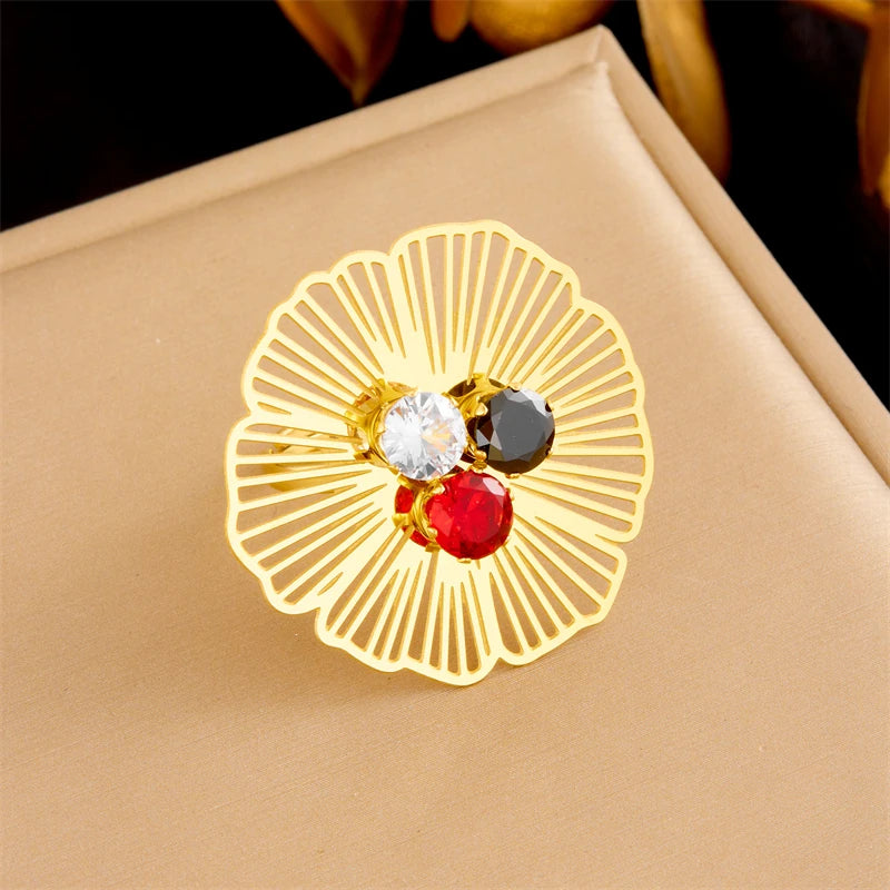 Stainless Steel Hollow Flower Inlaid With Zircon Necklace Earrings Ring For Women New Trend Non-fading Jewelry Set