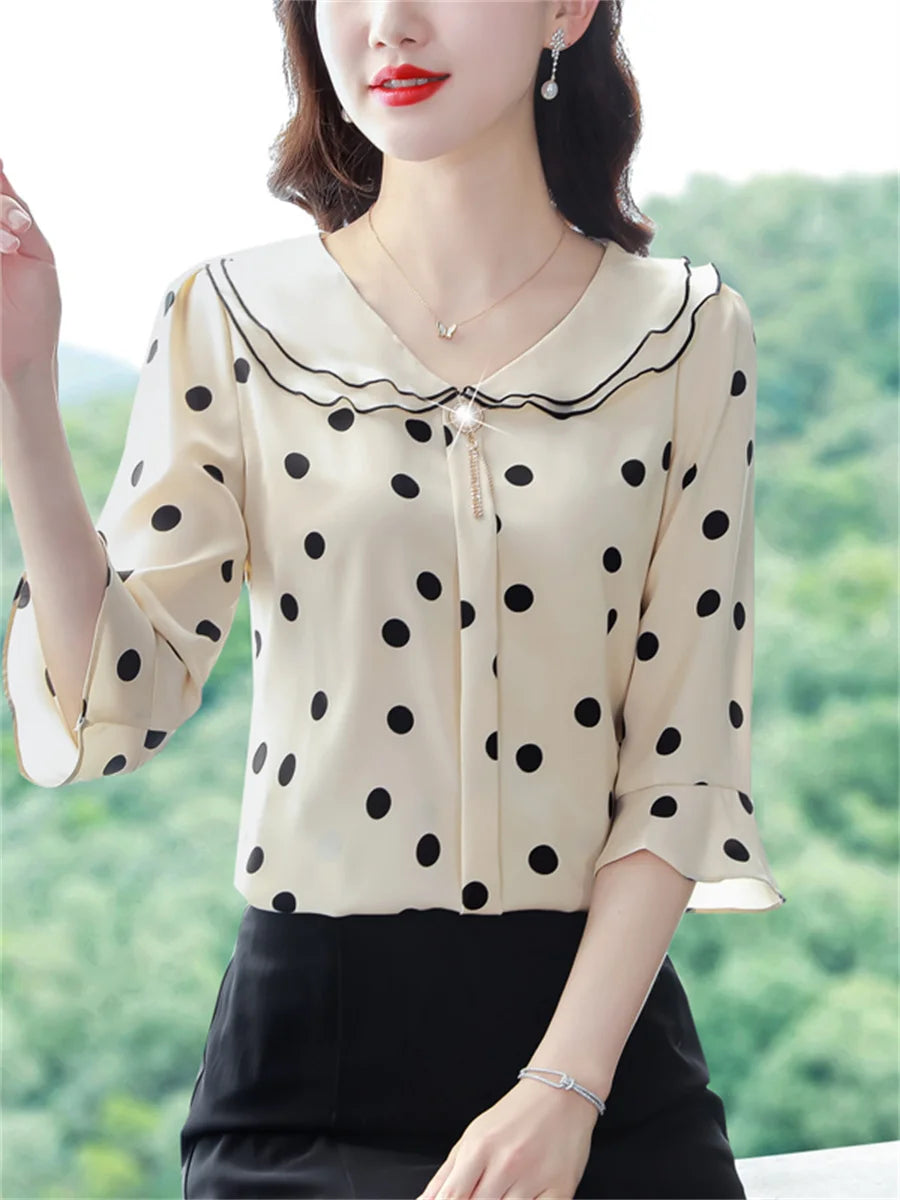 Women Spring Summer Blouses Fashion Casual Half Sleeve Ruffles Collar Polka Dots Tops