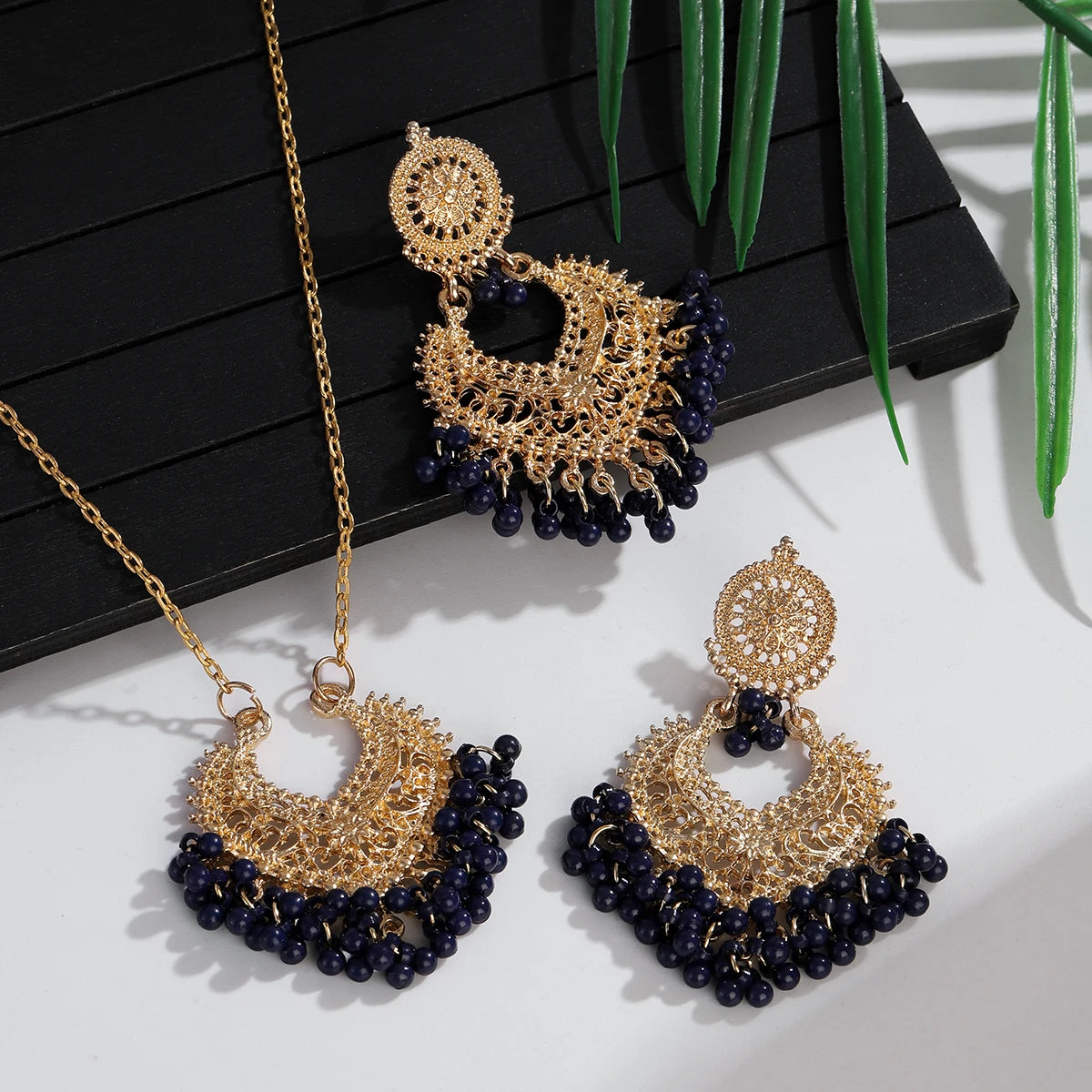 Jewelry Set for Women Retro Gold Plated Round Beads Tassel Earring Necklace Sets