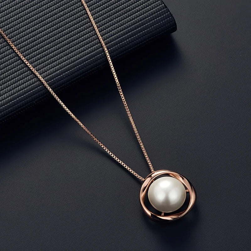 Luxury style Fashion Hollow Round Jewelry Set Pearl Pendant Necklace Stud Earrings Set for Women