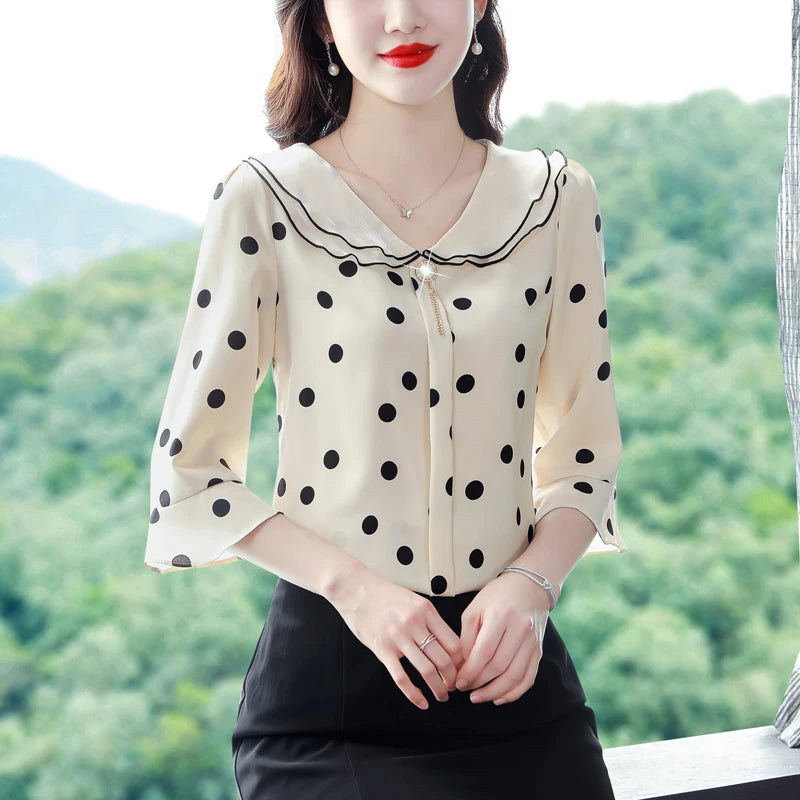 Women Spring Summer Blouses Fashion Casual Half Sleeve Ruffles Collar Polka Dots Tops