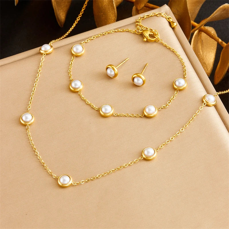 Women's Stainless Steel Round White Pearl Necklace Bracelet Earrings