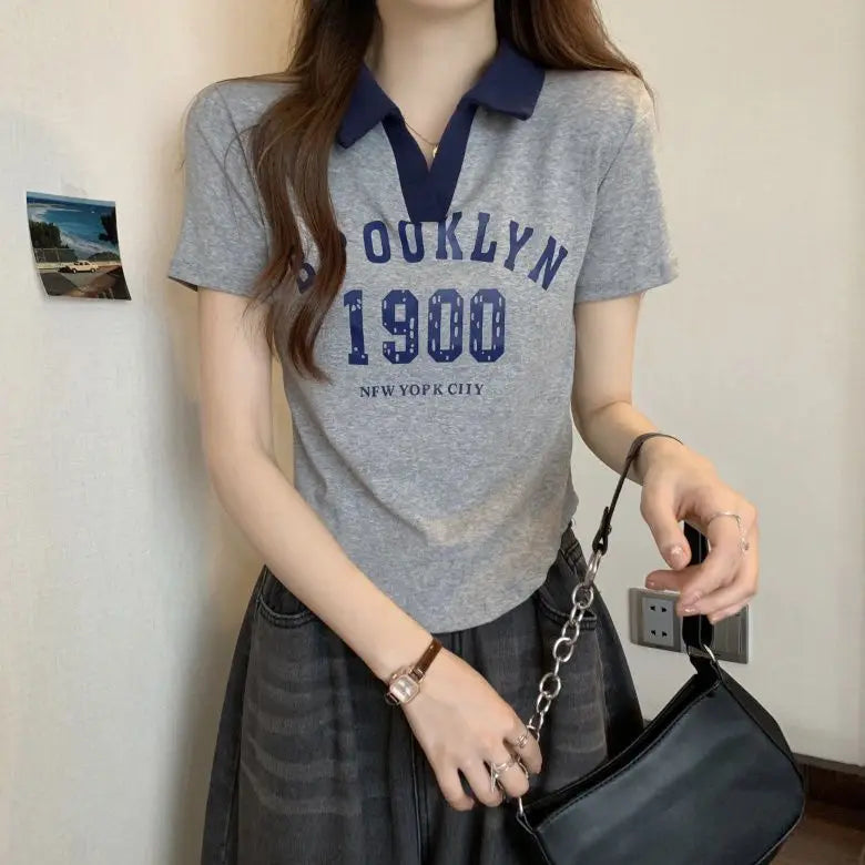 Women Summer Korean Fashion Letter Printing Slim Polo Collar Short Sleeve T-Shirt Simplicity Office Lady All-match Casual Tops