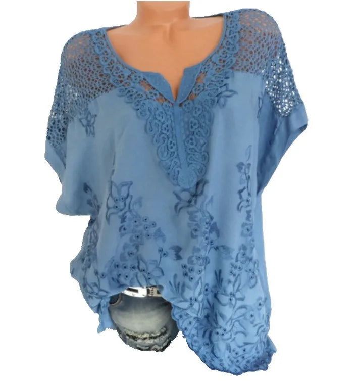 Loose Short-Sleeved Lace Women Blouses Cotton Blouses Summer V-neck White Shirt