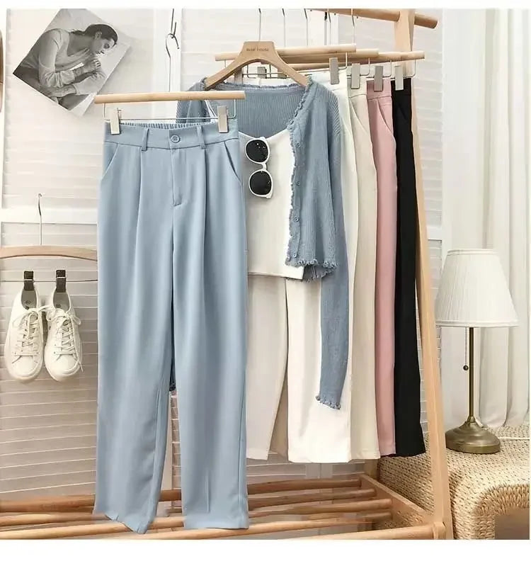 Elastic High Waist Suit Women Pants, Casual Loose Straight Black Office Ladies Trouser