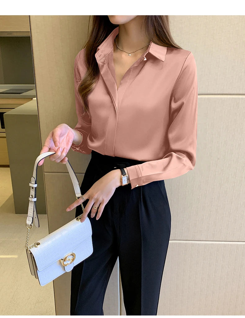 Satin Women Shirt Vintage Long Sleeve Blouse Women Silk Elegant Womens Tops