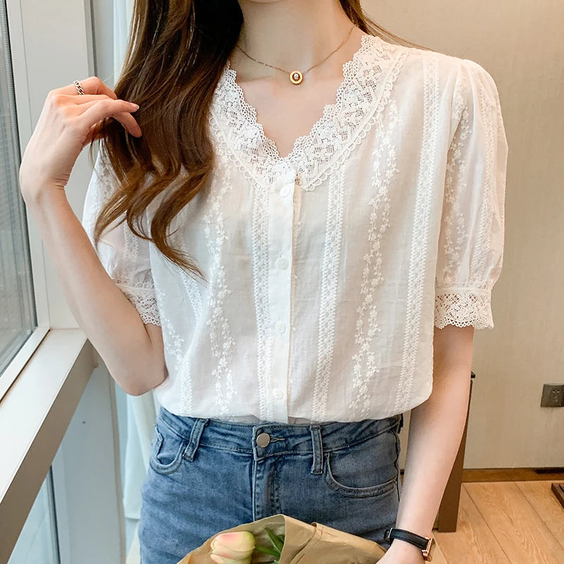 Summer Short Sleeve White Blouse Shirt Women Tops Blusas Verano Lace V-Neck Blouse Women Blouse