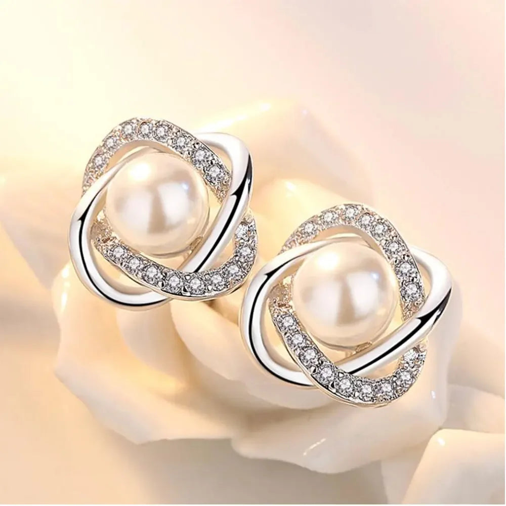 925 Sterling Silver Earrings Zircon Pearl Twist Luxury style Stud Earrings For Women