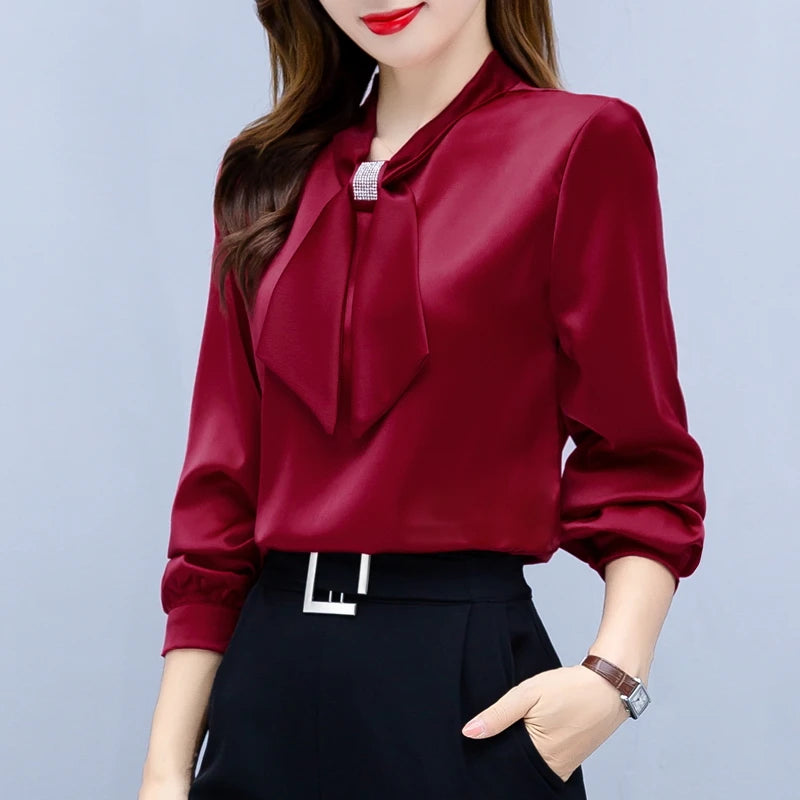 Long Sleeve Blouse Women Bow Collar Chiffon Blouse Shirt Tops Women Blouse