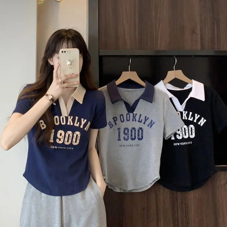 Women Summer Korean Fashion Letter Printing Slim Polo Collar Short Sleeve T-Shirt Simplicity Office Lady All-match Casual Tops