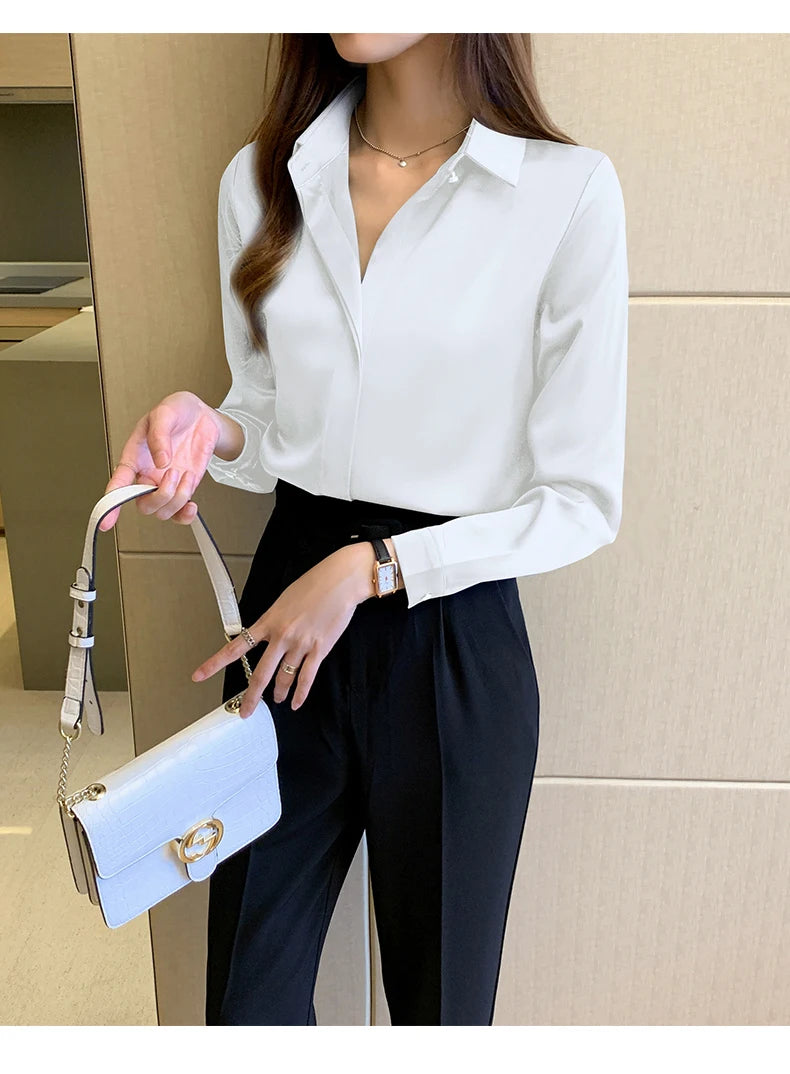 Satin Women Shirt Vintage Long Sleeve Blouse Women Silk Elegant Womens Tops