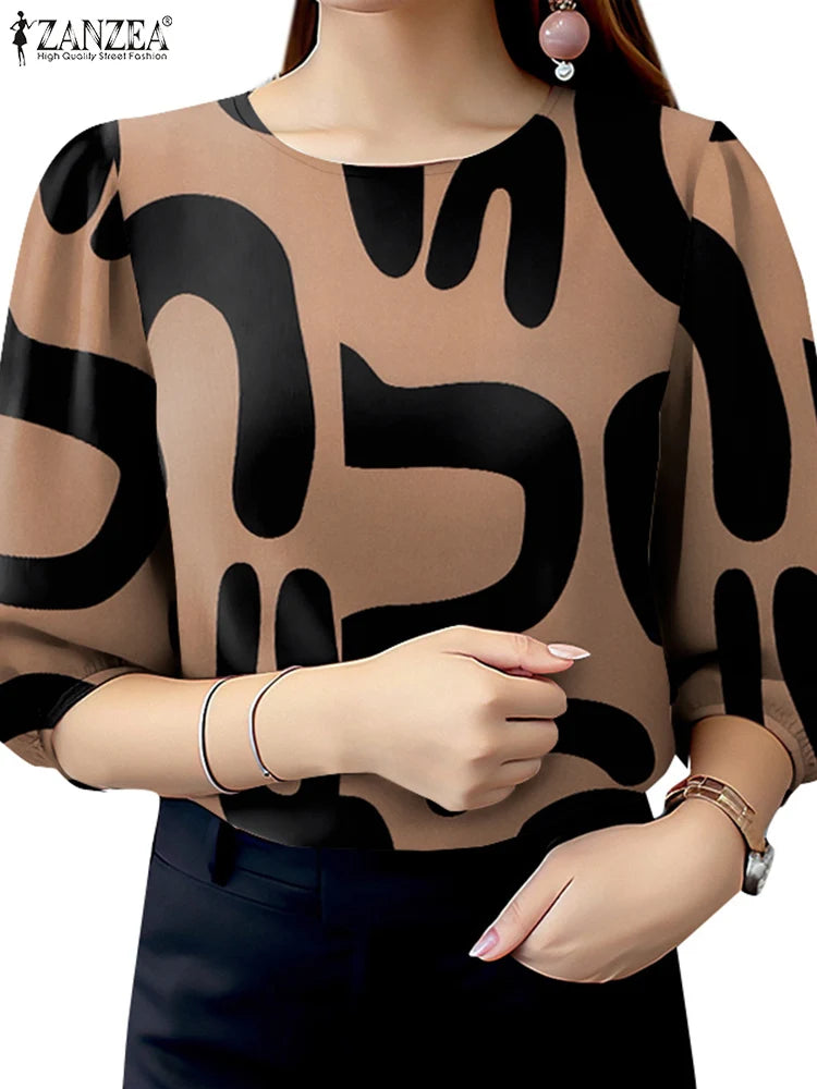 Elegant Office Work Blouses Stylish Spring O Neck 3/4 Sleeve Printed Retro Holiday Blouse