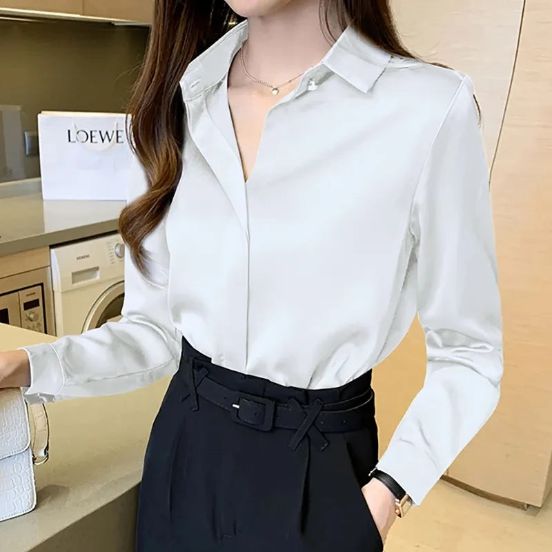 Satin Women Shirt Vintage Long Sleeve Blouse Women Silk Elegant Womens Tops