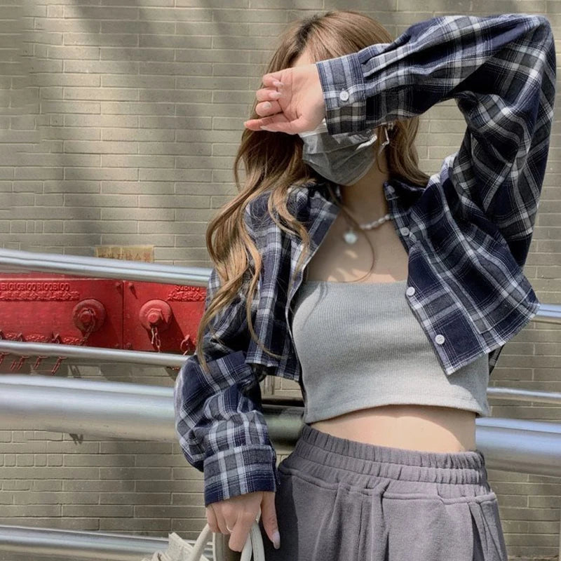 Checkered Women's Long Sleeve Vintage Casual Lapel Turn-down Collar Plaid Classic Single Breasted Tops