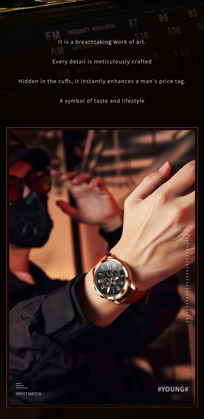 OLEVS 3632 Men's Watches Luxury Waterproof Leather Strap Moon phase Quartz Luminous 45.5MM Big Dial Watch