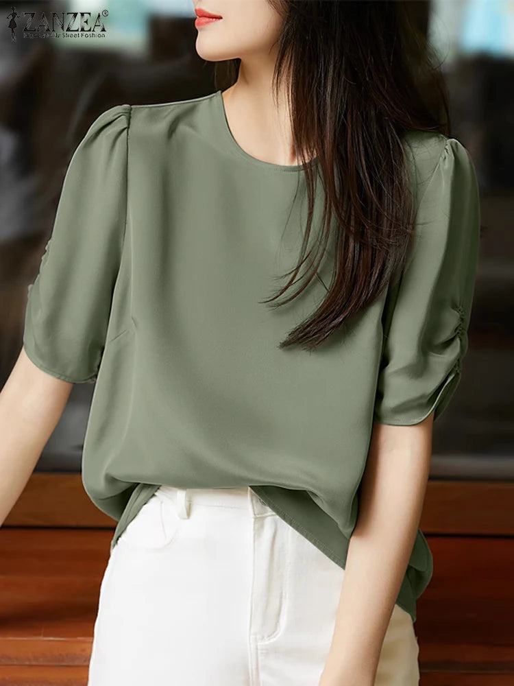 Solid Casual Office Work Tops Fashion Summer Short Sleeve Elegant Loose Blouse