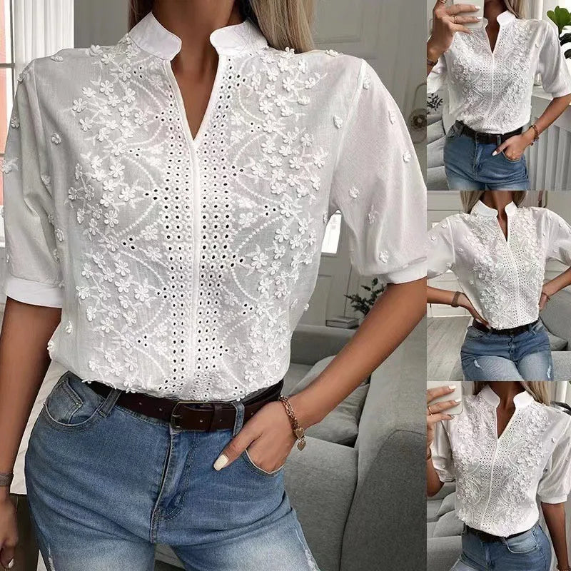 Summer Elegant Short Sleeve White Shirt Vintage Tops Crochet Hollow Blouses For Women Fashion