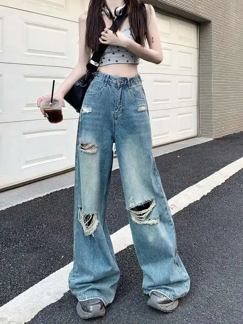 Vintage Pants, Jeans, Women's Torn Wide Leg Pants, Summer High Waist, Loose Fitting Long Pants, Women's Jeans