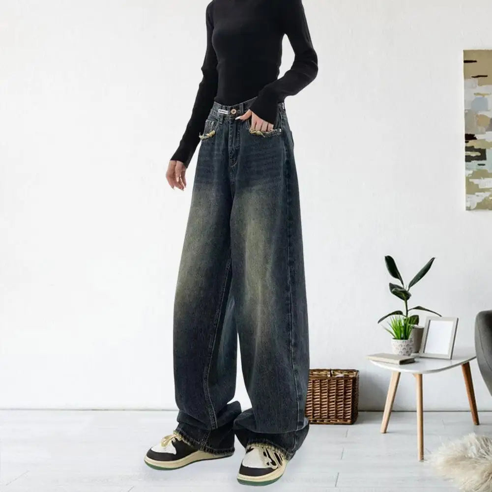 Wide Leg, Floor Length Loose Denim High Waist Vintage Hip Hop Streetwear Women Jeans