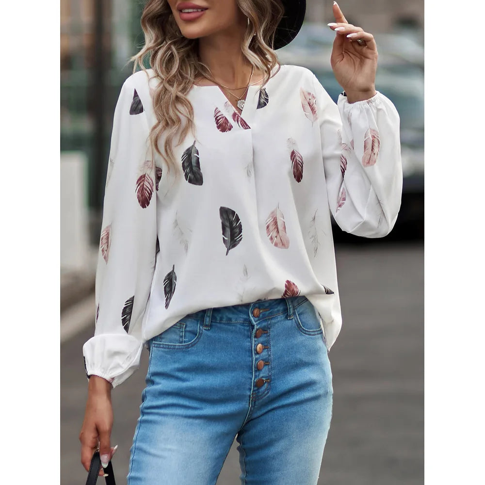 Fashion Woman long Sleeve Feather Pattern, Ladies Elegant Chiffon Tops