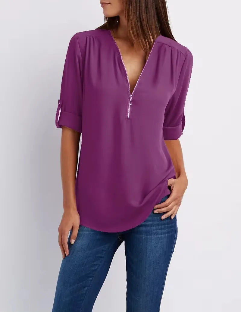Women Cool Loose Shirt Deep V Neck Chiffon Fashion Zipper Pullover Blouse