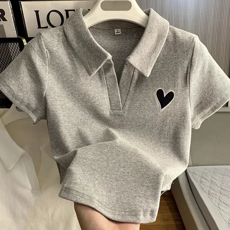 Korean Fashion Loves Embroidery T-shirt Polo Collar Orthoshoulder Slim Hotsweet Women's Crop Top