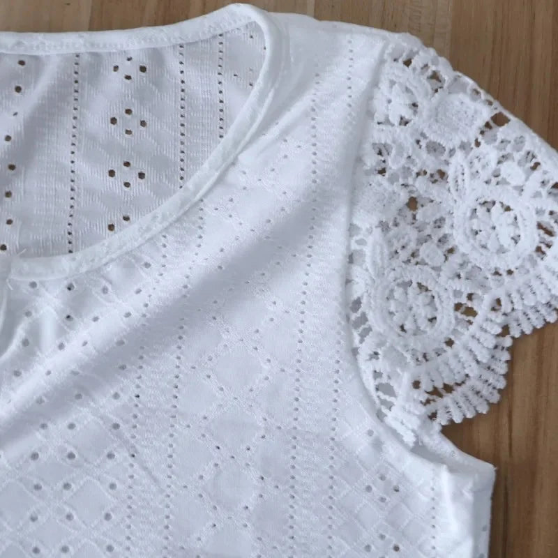 Women Summer Fashion Blouses Tops Lace Patch Buttoned Casual V-Neck Short Sleeve