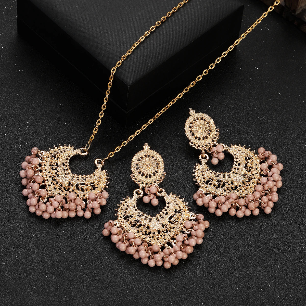Jewelry Set for Women Retro Gold Plated Round Beads Tassel Earring Necklace Sets