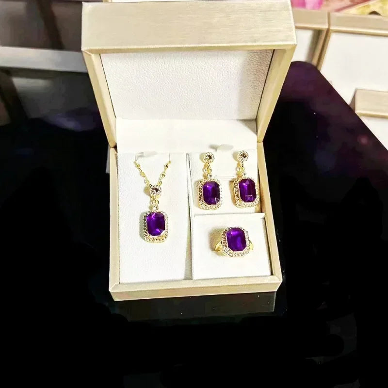 Luxury style Emerald Color Earring Necklace Rings Set For Woman Stainless Steel Zircon Rectangle Pendant Necklace
