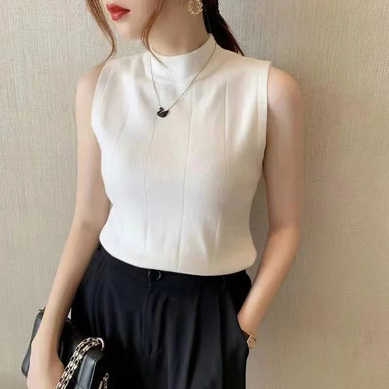 Korean Fashion Ladies Tops Spring New Summer Women Tops Casual Clothes Sleeveless Knit Elastic Blouse
