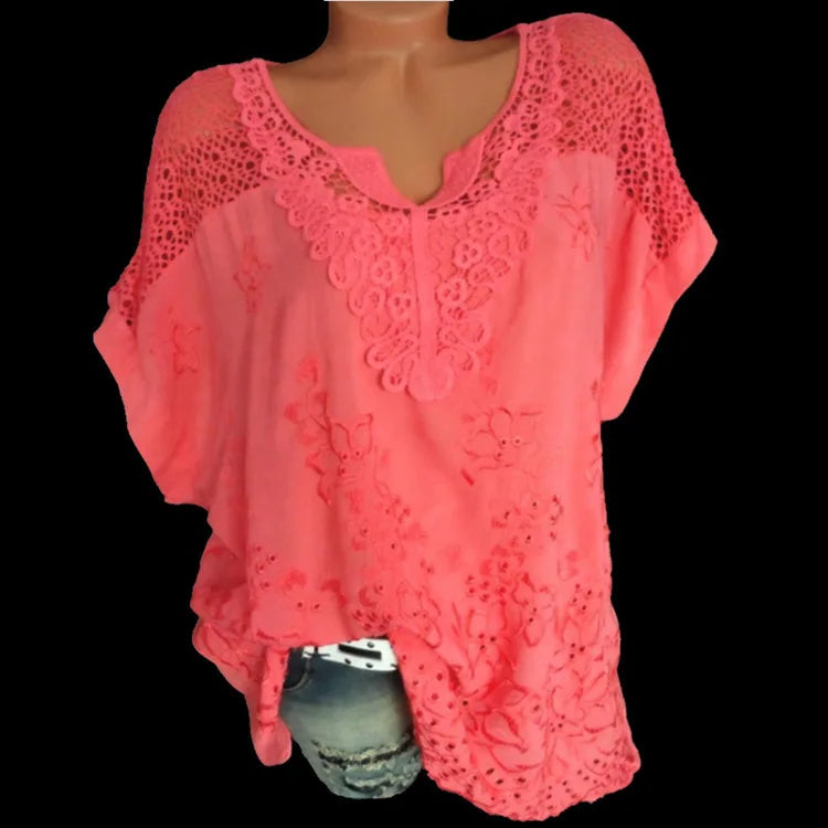 Loose Short-Sleeved Lace Women Blouses Cotton Blouses Summer V-neck White Shirt