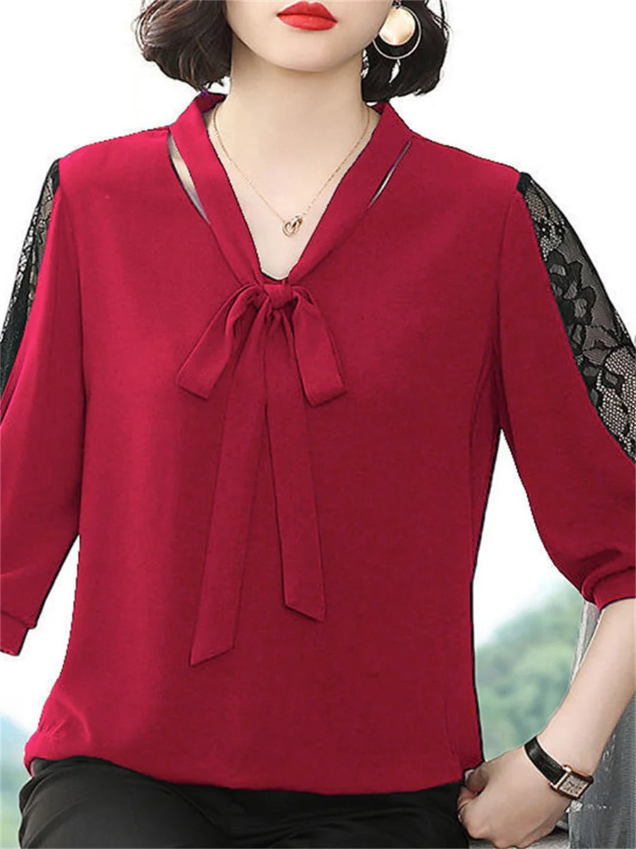 Women Casual Bow Tie Collar Half Lace Sleeve Loose Blouse