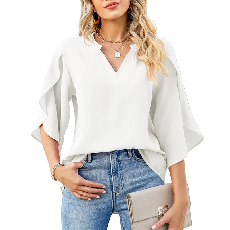 Women Summer Style Chiffon Blouses Shirts Lady Casual Short Flare Sleeve V-Neck Loose Blouse