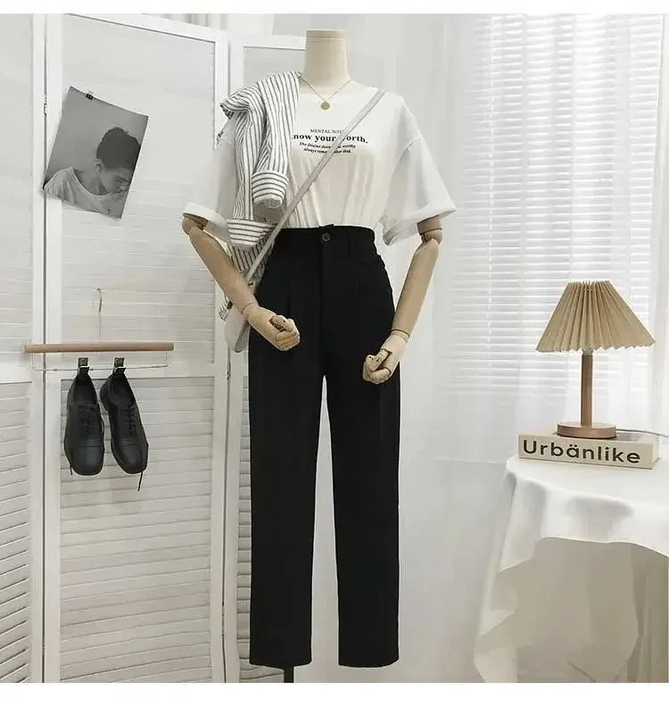 Elastic High Waist Suit Women Pants, Casual Loose Straight Black Office Ladies Trouser