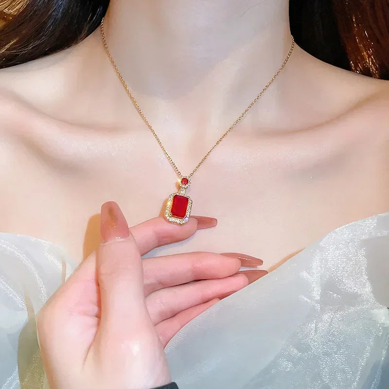 Luxury style Emerald Color Earring Necklace Rings Set For Woman Stainless Steel Zircon Rectangle Pendant Necklace