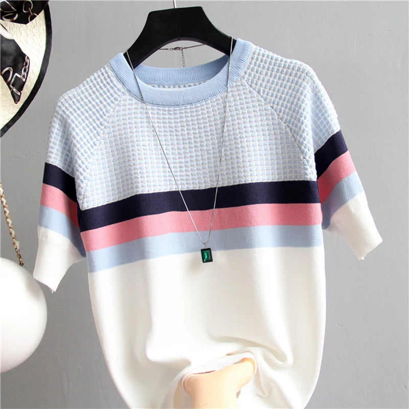 Vintage Ladies Tops Striped Summer Blouse Pink Elasticity Short Sleeve Blue Women Blouse