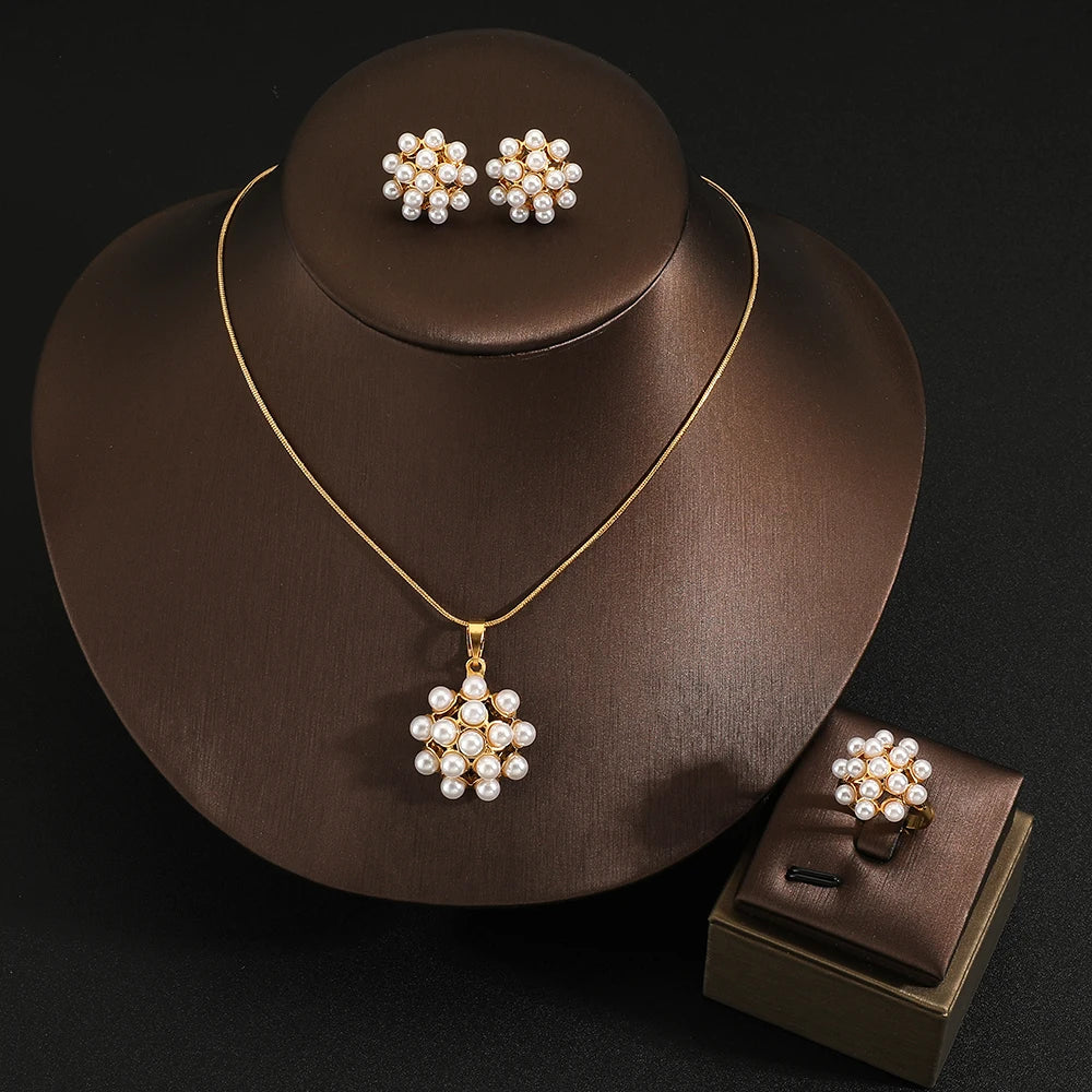 High quality Rings Earrings Necklace snowflake Jewelry Set for Women, Water pearl Shape Sapphire Gemstone